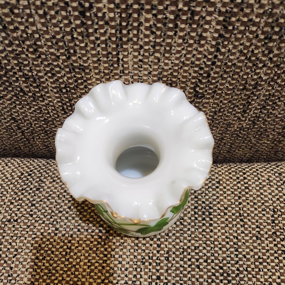 Elegant Ruffle Top Milk Glass White Vase with Green Leaf Design - Picture 2 of 7